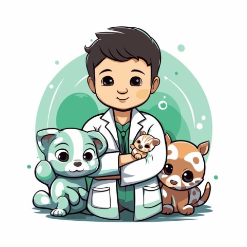 Veterinarian with dog and cat. Vector illustration of a cartoon