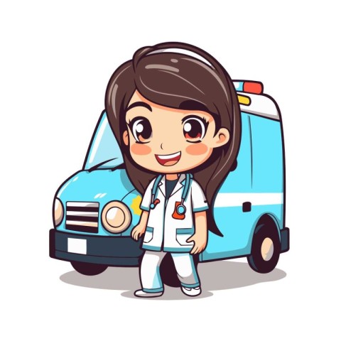 Cute little girl in medical uniform standing near ambulance. Vec