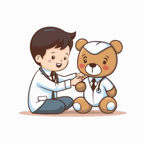 Veterinarian and teddy bear. Cute cartoon vector illustration.