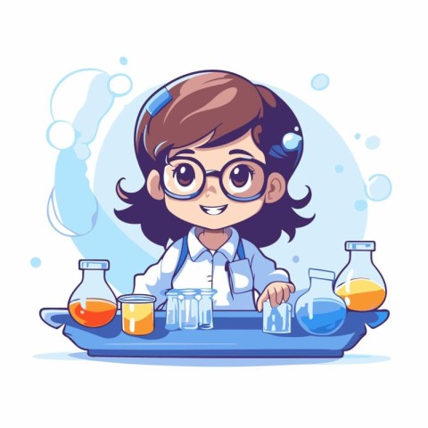 Cute little girl scientist working in laboratory. Vector cartoon