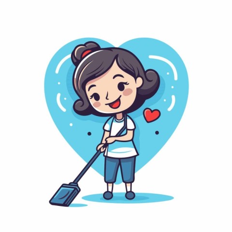 Cute girl cleaning the heart with a broom. Vector illustration.