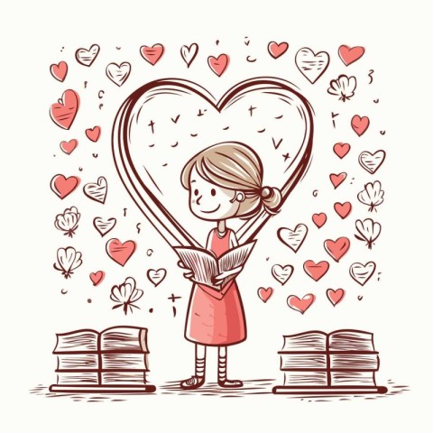 Cute little girl reading a book with hearts around her. Vector i