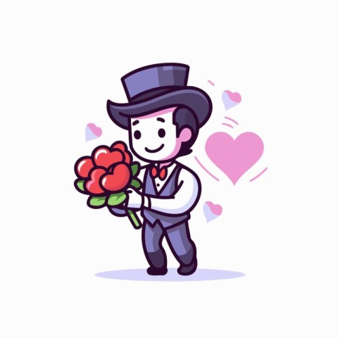 Groom holding a bouquet of flowers. Vector Illustration.