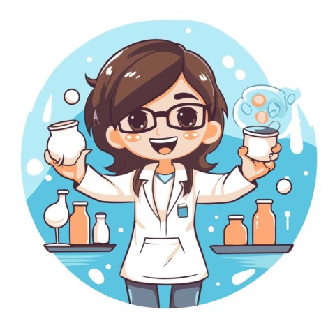 Vector illustration of a girl scientist in a lab coat holding a