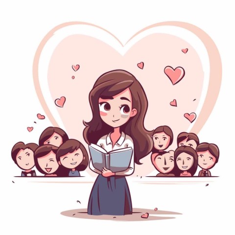 Girl reading a book in front of a group of people. Vector illust