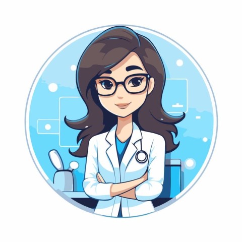 Female doctor with stethoscope round icon. Vector illustration i