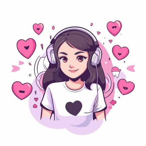 Beautiful girl listening to music with headphones. Vector illust