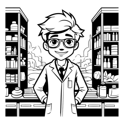 Vector illustration of a pharmacist standing in front of shelves