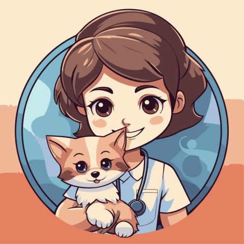 Veterinarian girl with cute dog. Vector illustration in cartoon