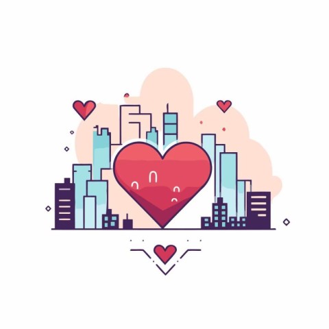 Vector illustration in flat linear style with cityscape and hear