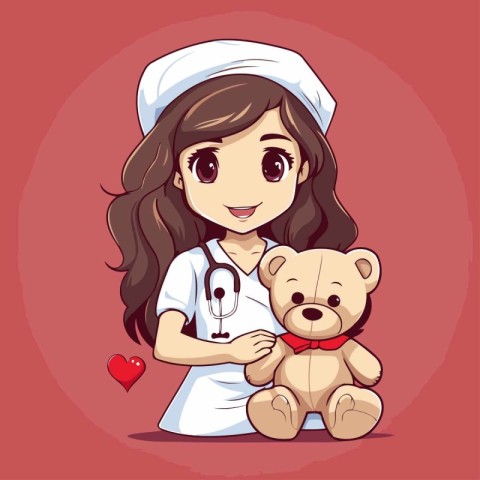 Cute cartoon nurse with teddy bear and heart. Vector illustratio