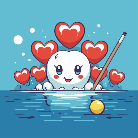 cute snowman with ball and hearts on the background of the sea