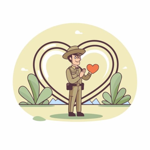 Vector illustration of a man in a military uniform holding a hea