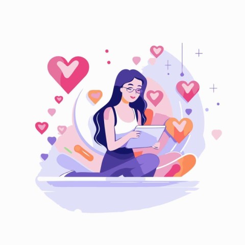 Young woman with tablet computer. Flat vector illustration. Onli