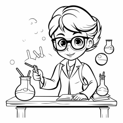 Cartoon scientist working in the laboratory. Black and white vec