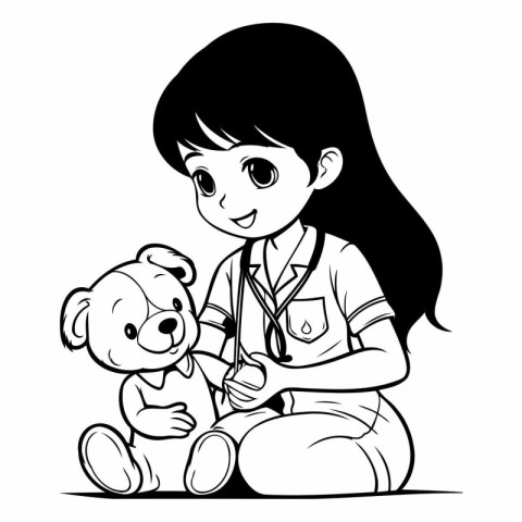 Vector illustration of a little girl with a dog. Black and white