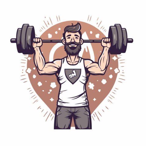 Fitness man with barbell. Vector illustration in cartoon style.