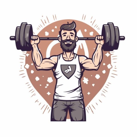 Fitness man with barbell. Vector illustration in cartoon style.