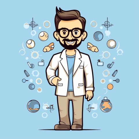 Hipster doctor with beard and glasses. Vector illustration in ca