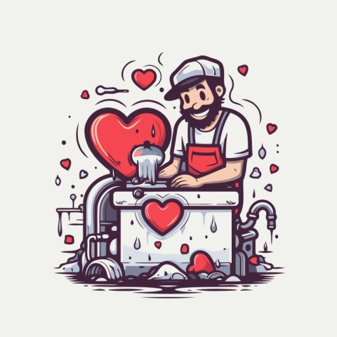 Vector illustration of a man with a red heart on the sink.