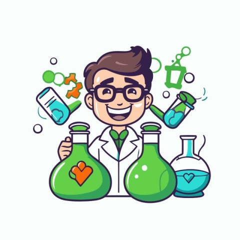 Scientist holding chemical flasks. Vector illustration for your