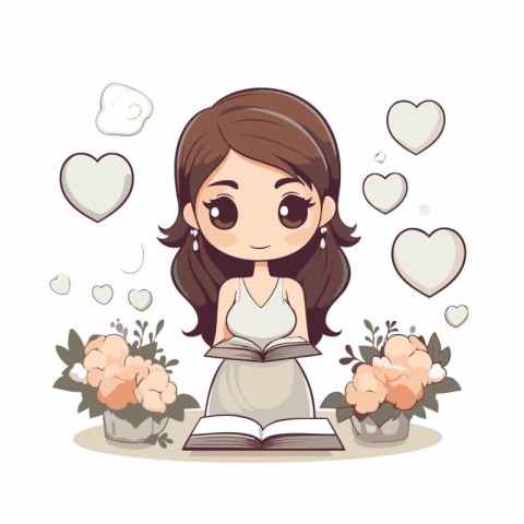 Cute cartoon girl reading a book with flowers and hearts around