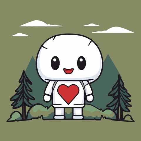 cute cartoon robot with red heart in the forest. vector illustra