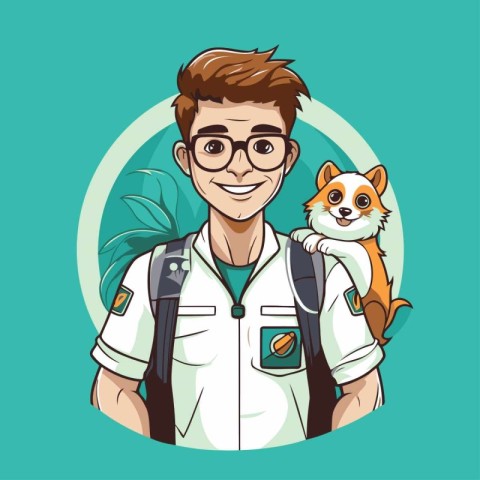 Vector illustration of a young man with a dog in his arms.