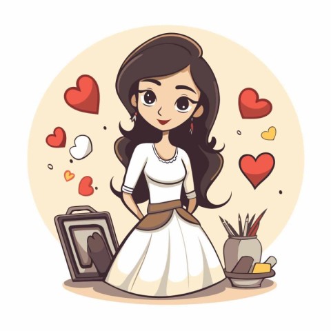 Valentine's day illustration. Cute cartoon girl in dress