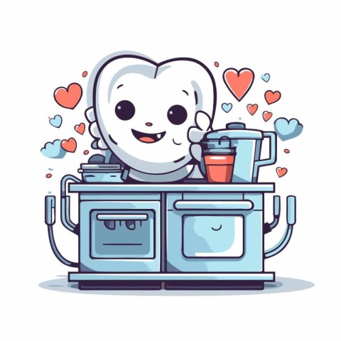 Cute cartoon tooth character with toothbrush and cup of coffee.