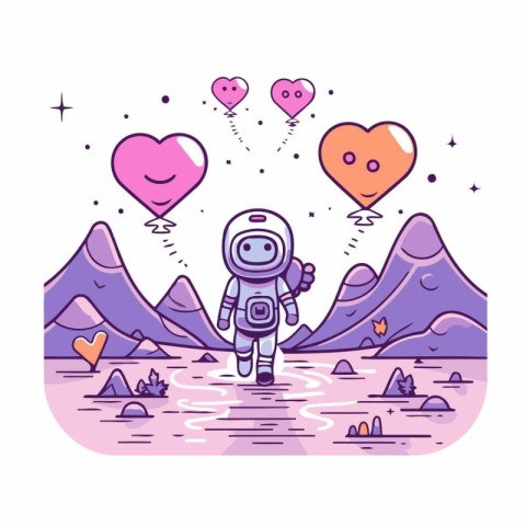 Astronaut on the background of mountains and hearts. Vector illu