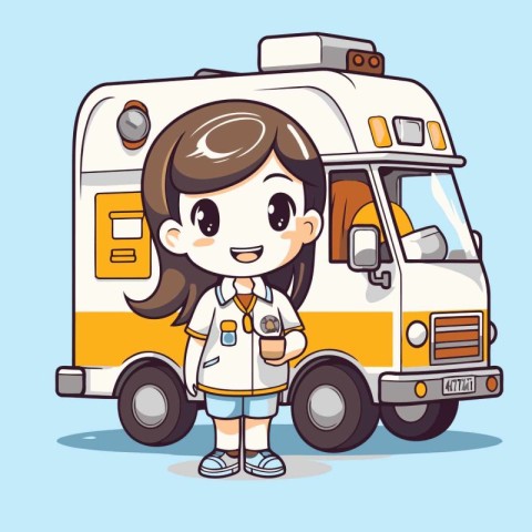 Cute little girl with ambulance. Vector illustration in cartoon