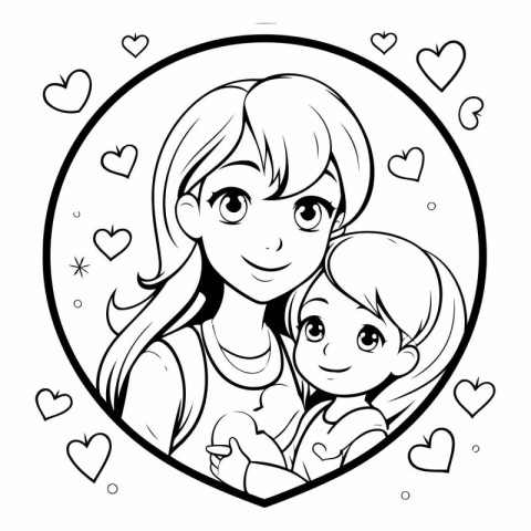 Mother and daughter in heart frame. black and white vector illus