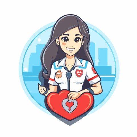 Cute girl nurse holding heart. Vector illustration in cartoon st