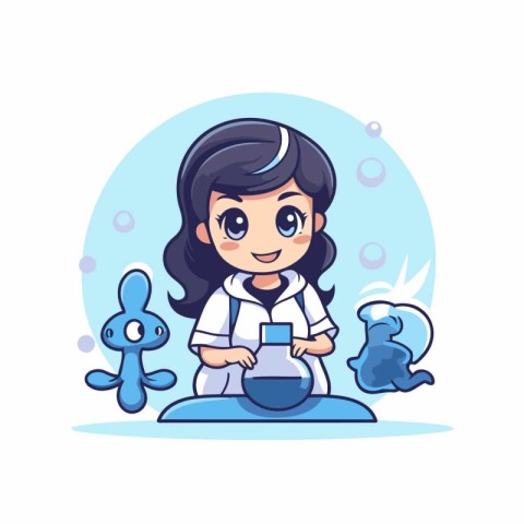 Cute cartoon scientist girl working in laboratory. Vector illust