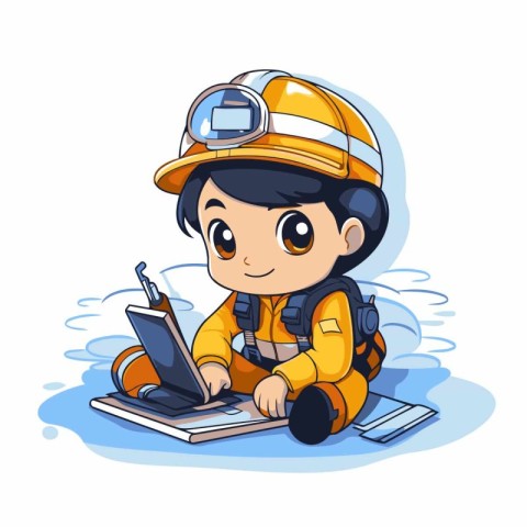 Illustration of a Kid Boy Working on His Laptop While Wearing a