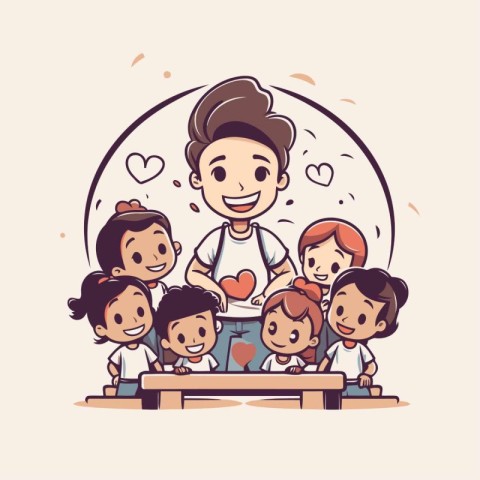 Happy family. parents and children in the classroom. Vector illu