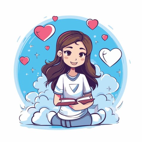 Girl with books and hearts around her. Vector illustration in ca