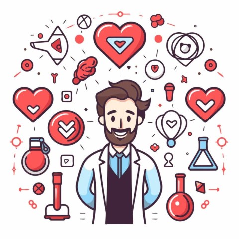 Vector line art flat design illustration of doctor with medical