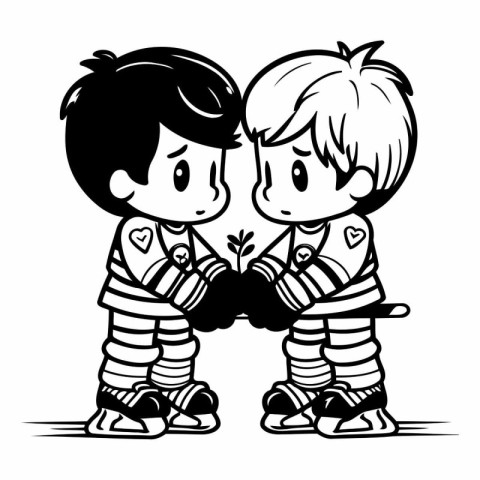 Boy and girl holding hands. black and white vector cartoon illus