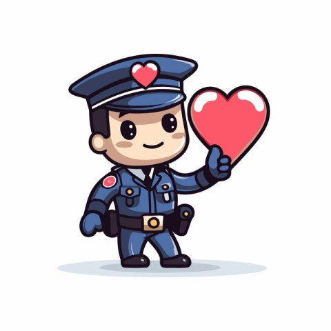 Policeman holding heart in hand. Cute cartoon vector illustratio