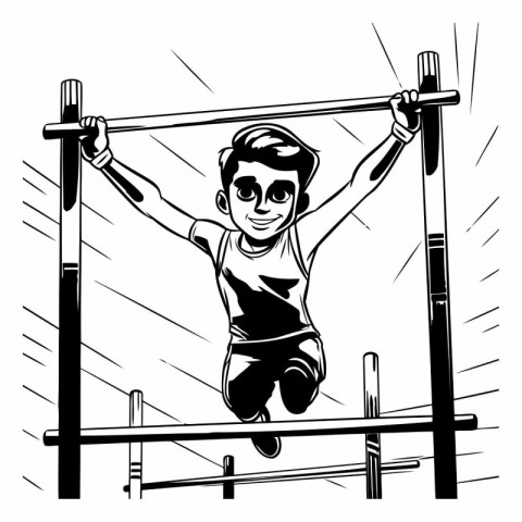 Boy doing pull-ups on horizontal bar. Black and white vector ill