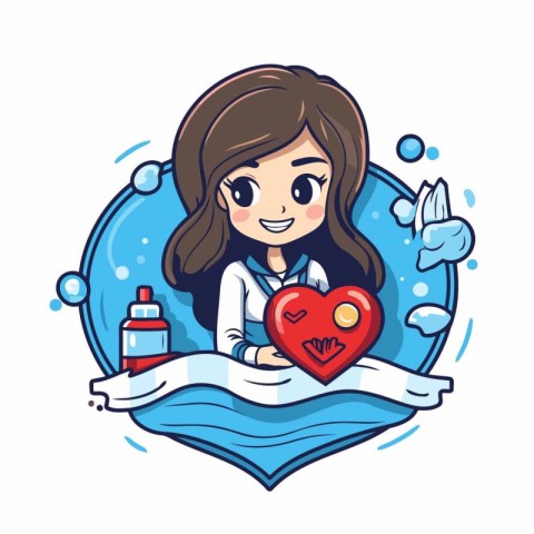 Cute little girl with heart and bottle of water. Vector illustra