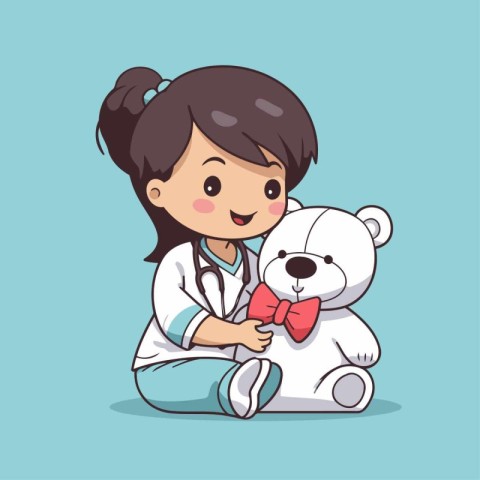 Cute little girl doctor with teddy bear. Vector illustration.