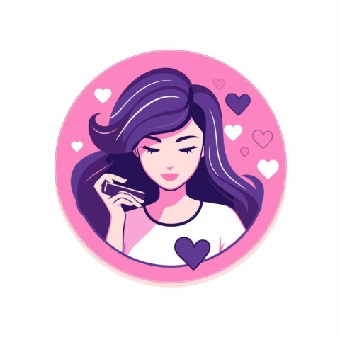 Vector illustration of a girl with long hair in a round frame.