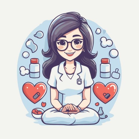 Cartoon vector illustration of a female doctor sitting in lotus