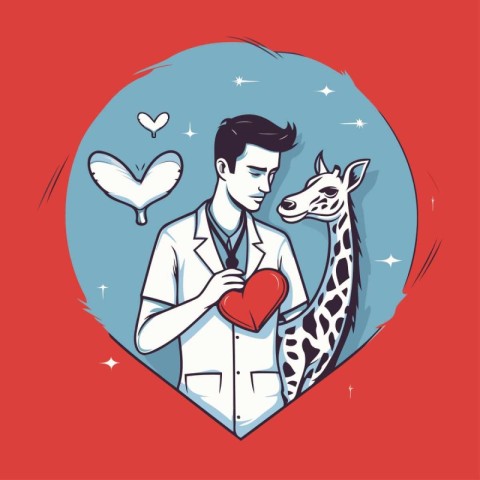 Vector illustration of a doctor holding a heart and a giraffe.