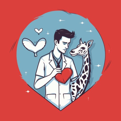 Vector illustration of a doctor holding a heart and a giraffe.