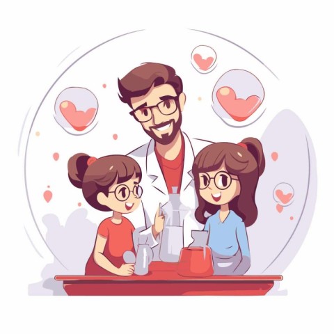 Father and children cooking together. Vector illustration in fla