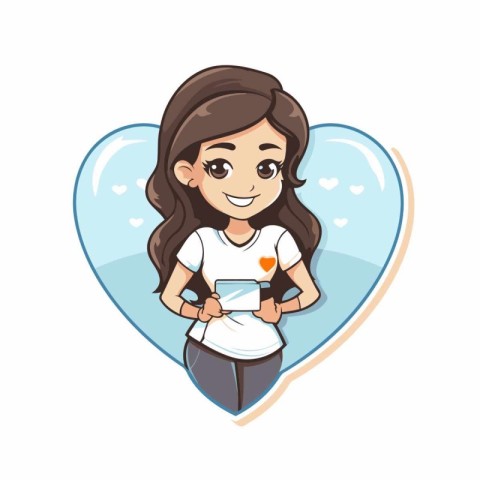 Girl holding a tablet in the shape of a heart. Vector illustrati